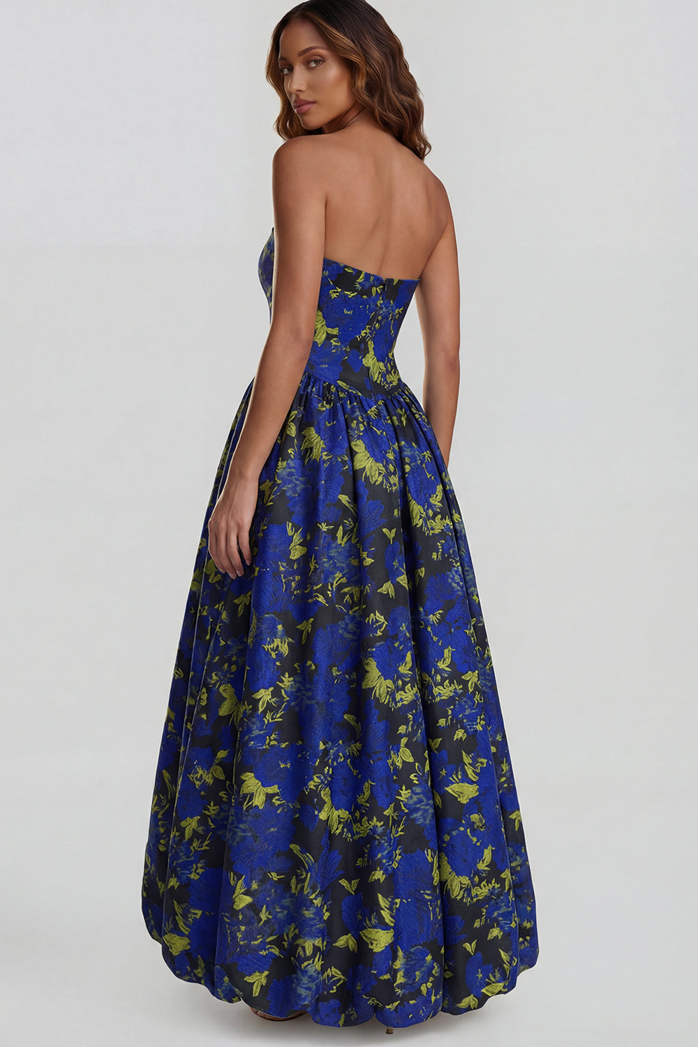 Strapless A Line Blue White Floral Wedding Guest Dress with Slit - Image 30