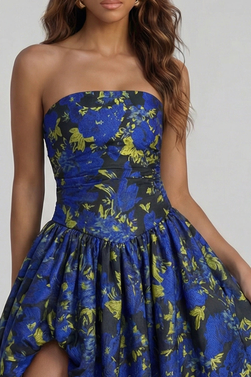 Strapless A Line Blue White Floral Wedding Guest Dress with Slit - Image 31