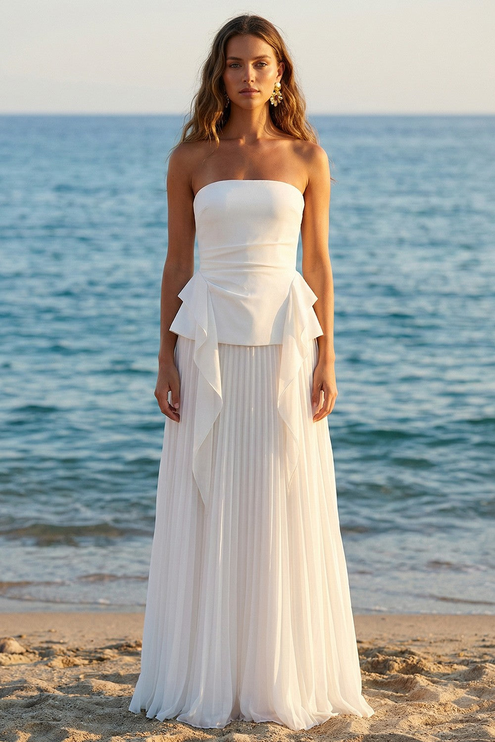 Strapless A Line Pleated Ruffled Maxi White Dress