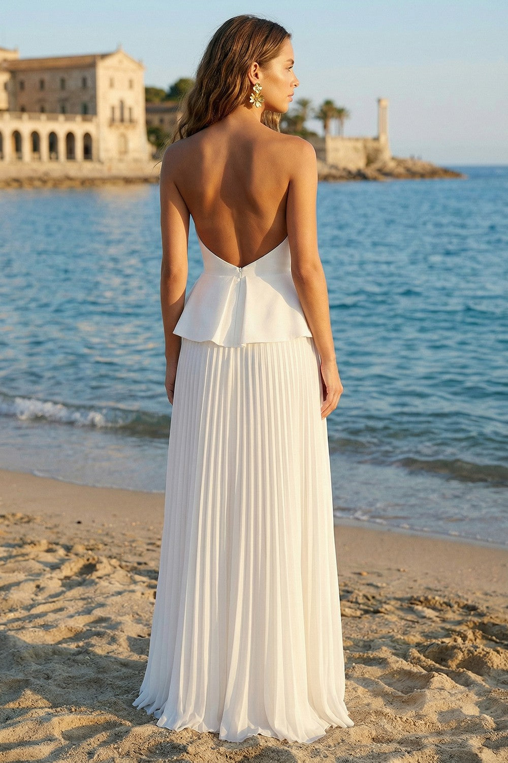Strapless A Line Pleated Ruffled Maxi White Dress - Image 2