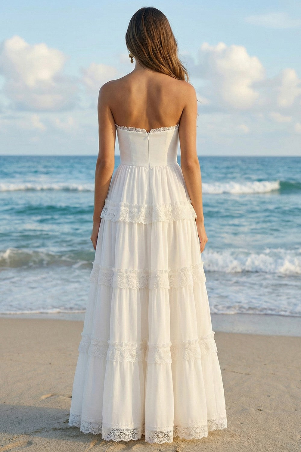 Strapless A Line Pleated Ruffled Lace Maxi White Dress - Image 2