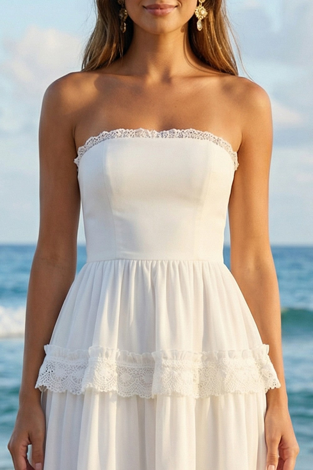 Strapless A Line Pleated Ruffled Lace Maxi White Dress - Image 3