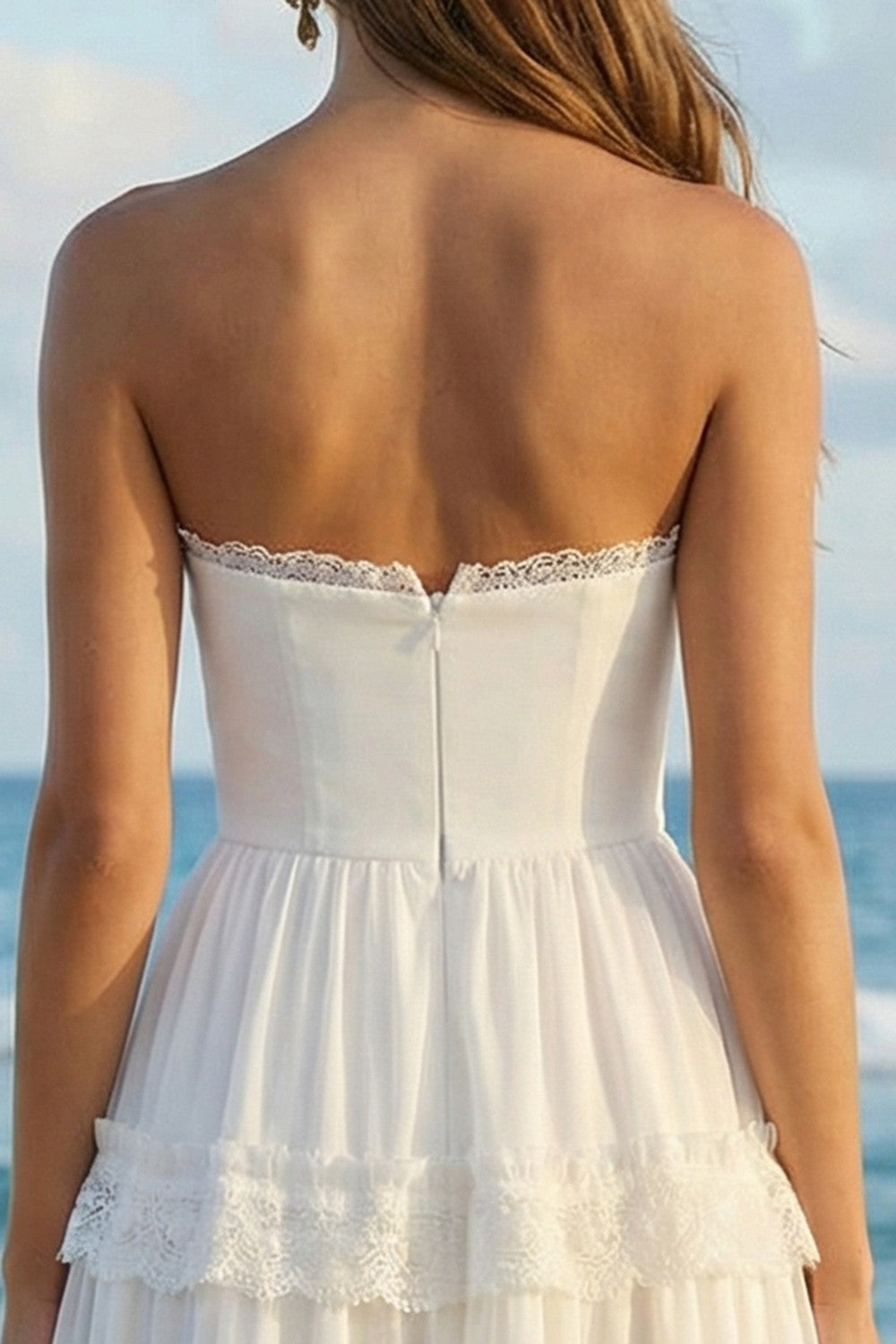 Strapless A Line Pleated Ruffled Lace Maxi White Dress - Image 4