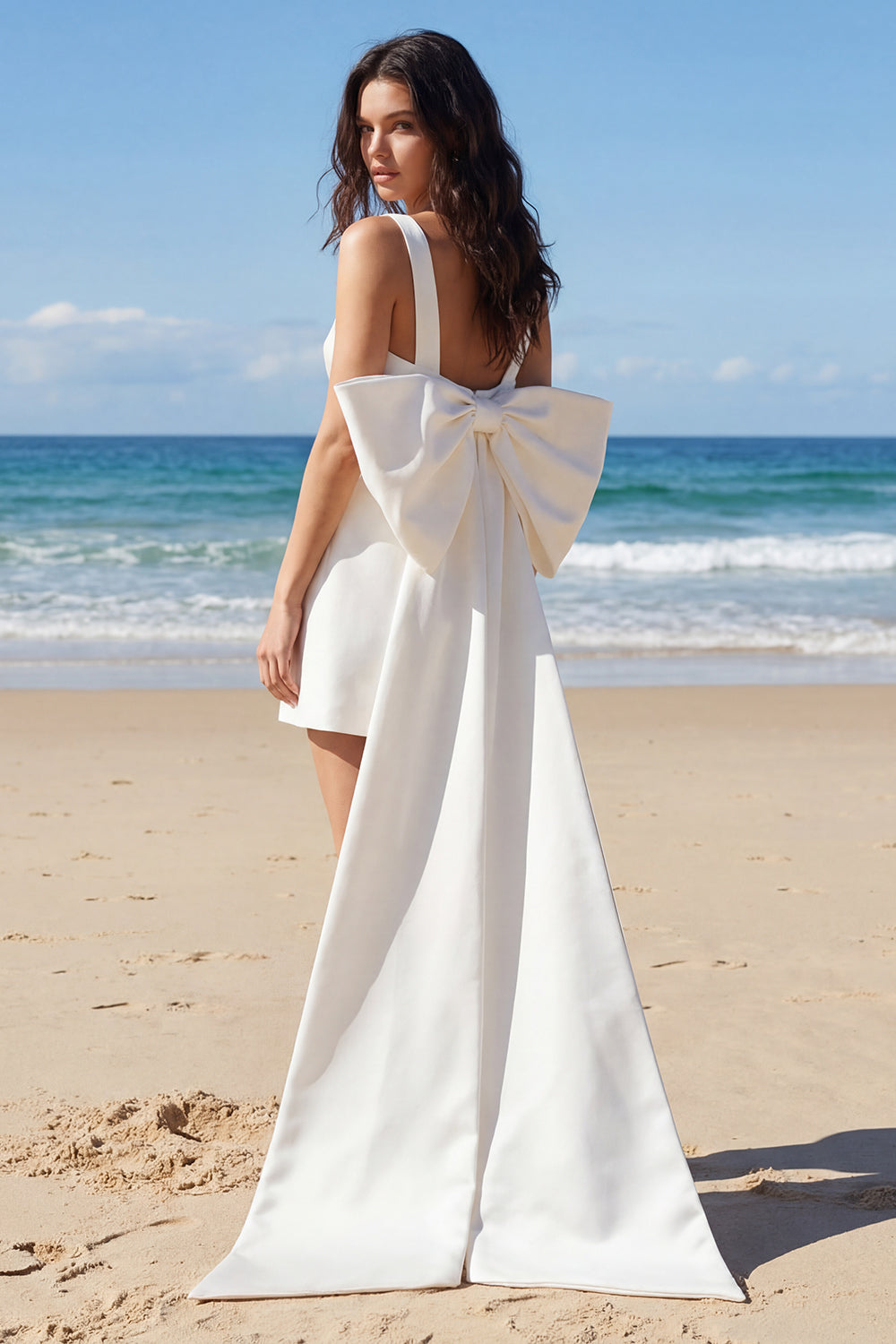 Square Neck Mini White Dress with Bow - Image 2