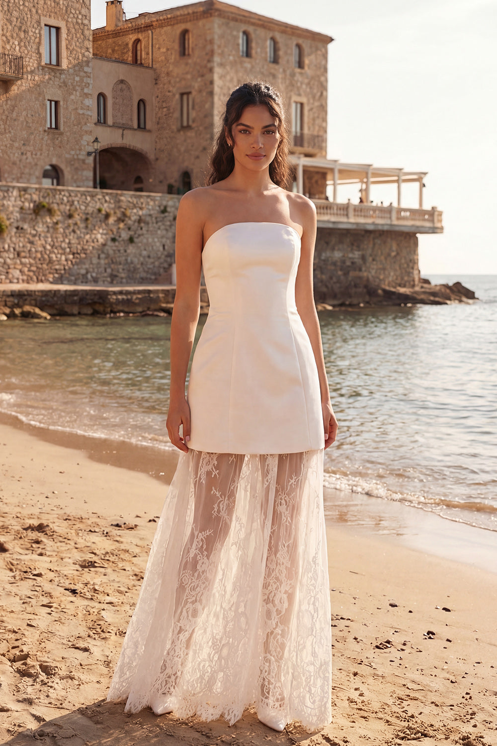 Strapless A Line Lace Maxi White Dress