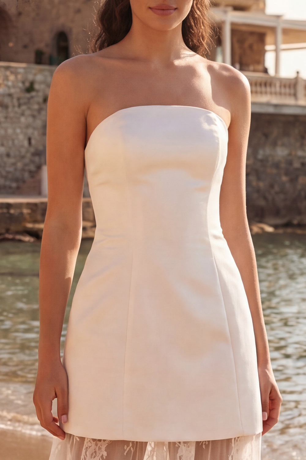 Strapless A Line Lace Maxi White Dress - Image 3