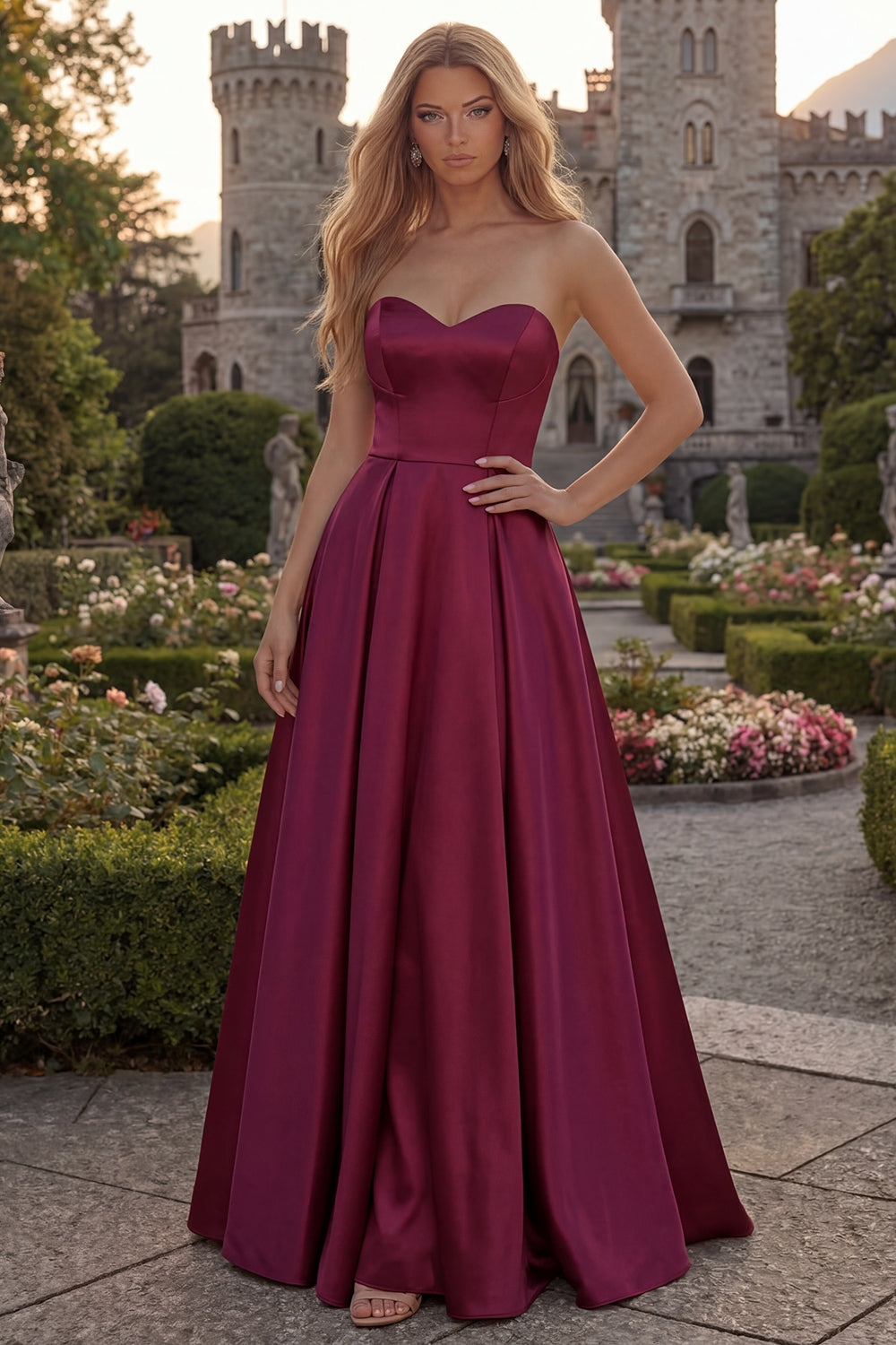Strapless A Line Satin Fuchsia Maxi Prom Dress - Image 3
