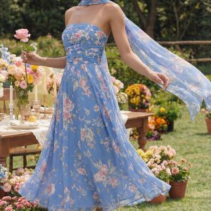 Strapless Blue Floral Ruched A Line Wedding Guest Dress