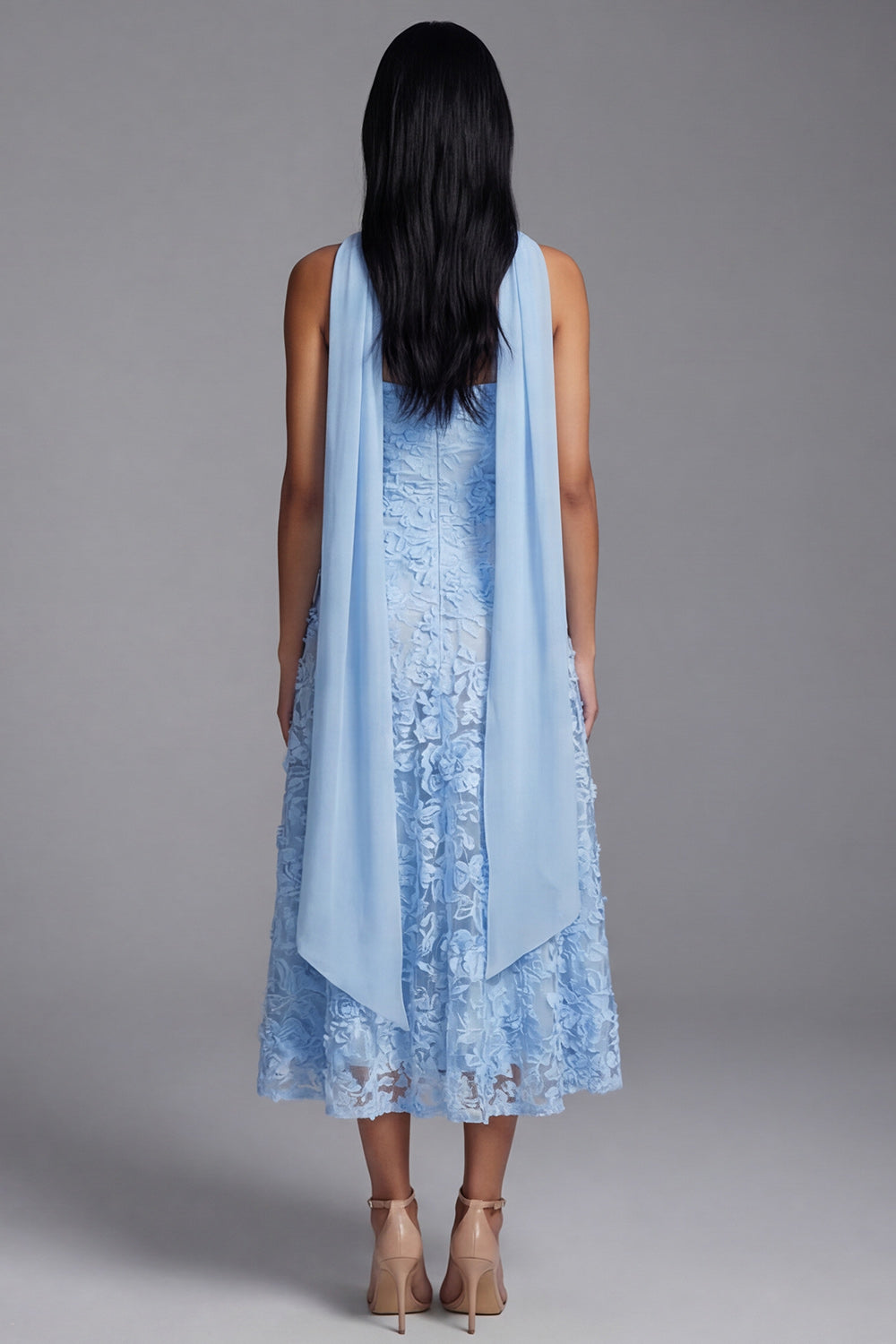 Strapless Blue Appliqued A Line Wedding Guest Dress - Image 2