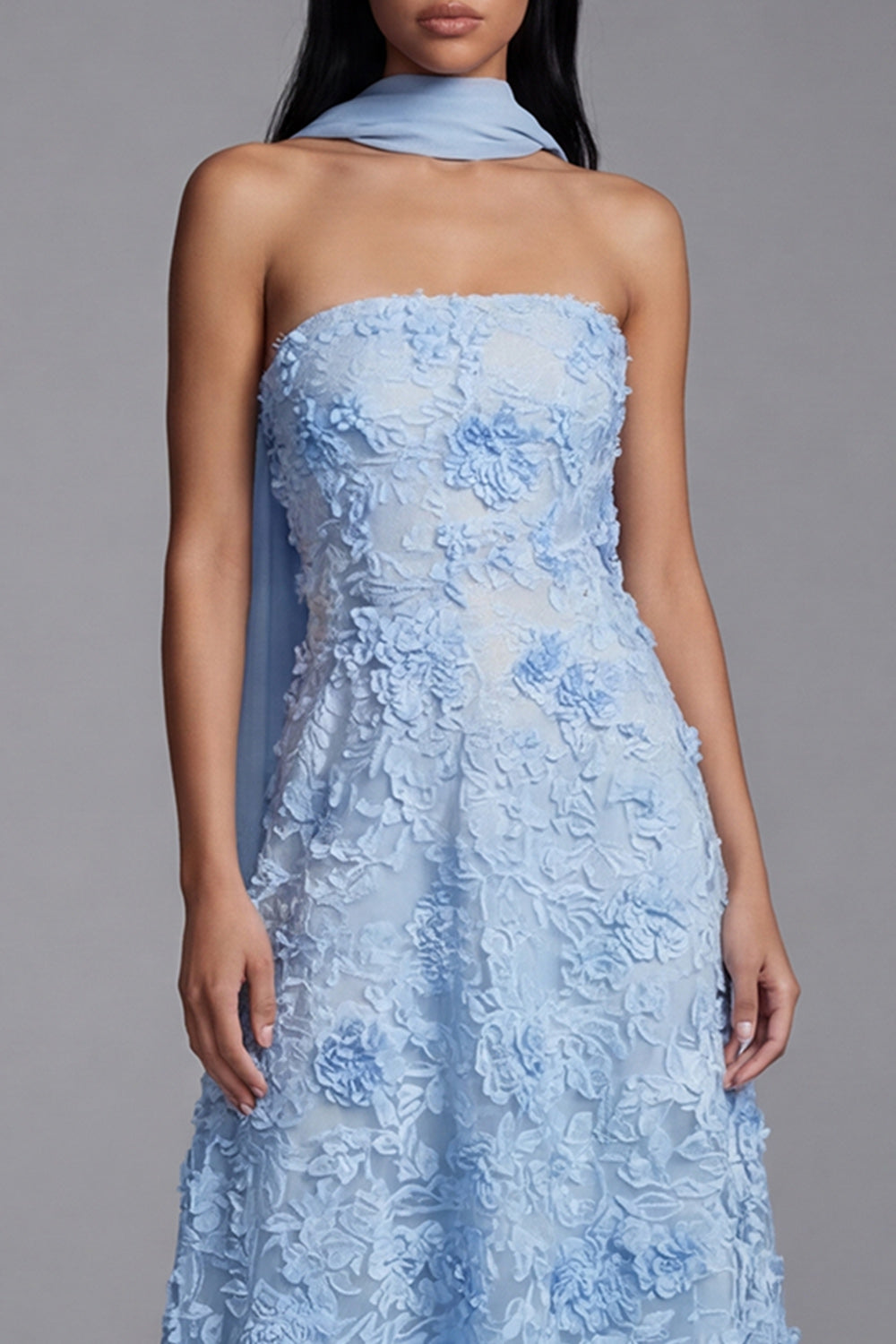 Strapless Blue Appliqued A Line Wedding Guest Dress - Image 3