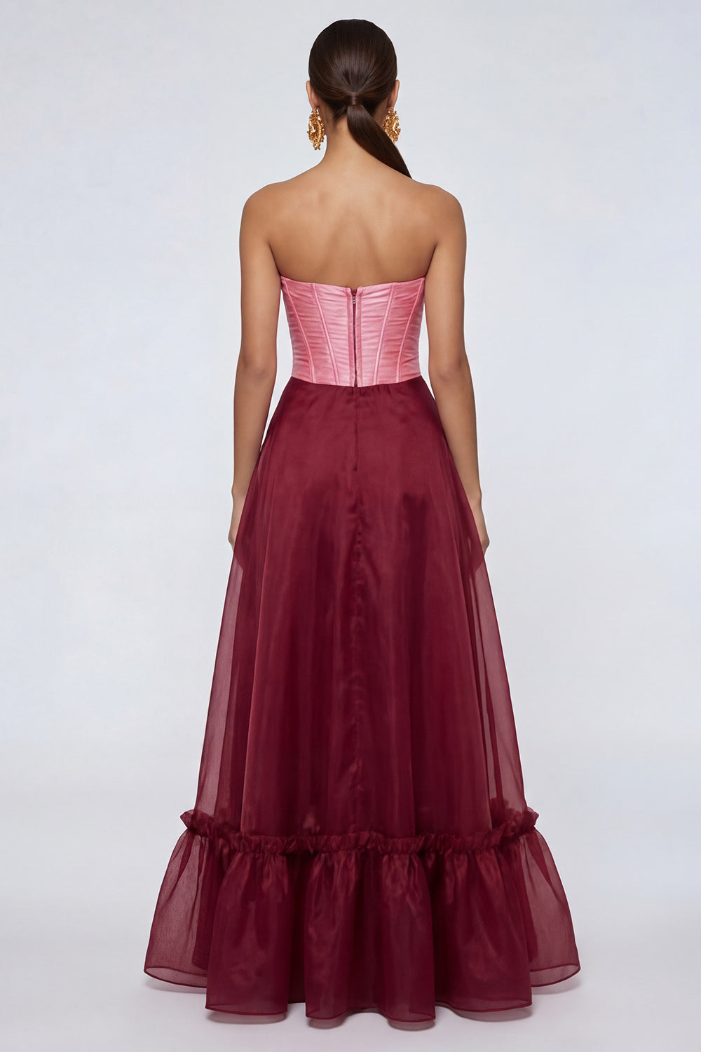 Strapless A Line Pink and Burgundy Ruffled Corset Formal Dress - Image 2
