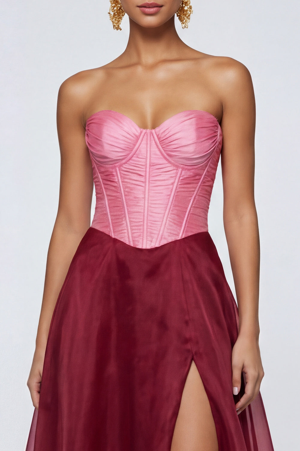 Strapless A Line Pink and Burgundy Ruffled Corset Formal Dress - Image 3