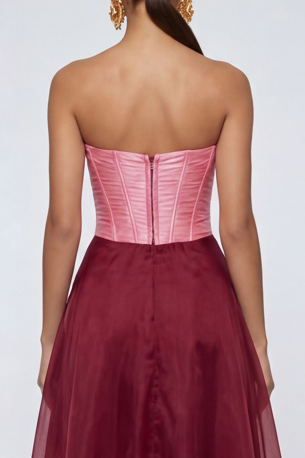 Strapless A Line Pink and Burgundy Ruffled Corset Formal Dress - Image 4