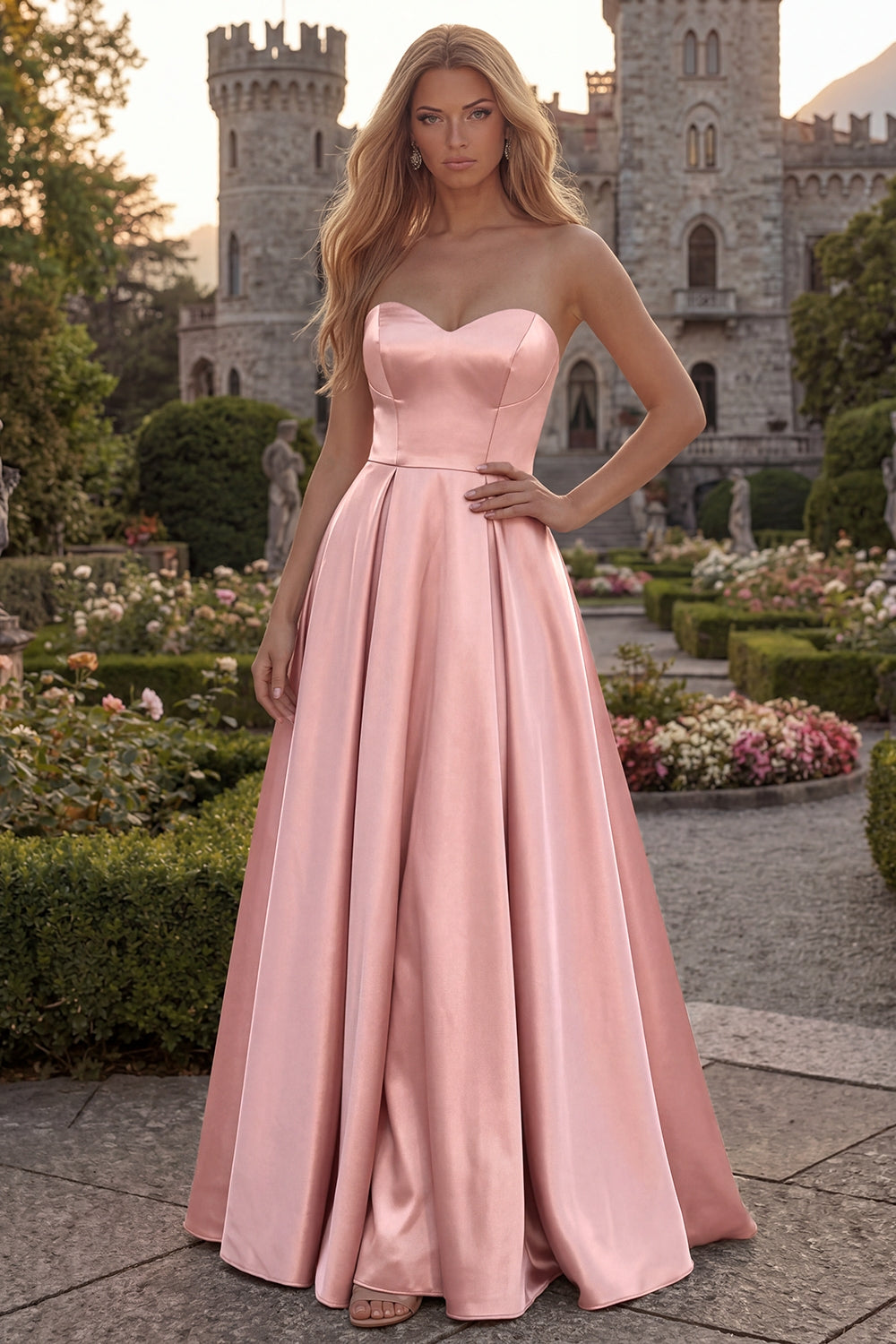 Strapless A Line Satin Fuchsia Maxi Prom Dress - Image 7