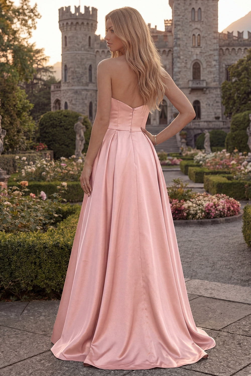 Strapless A Line Satin Fuchsia Maxi Prom Dress - Image 8