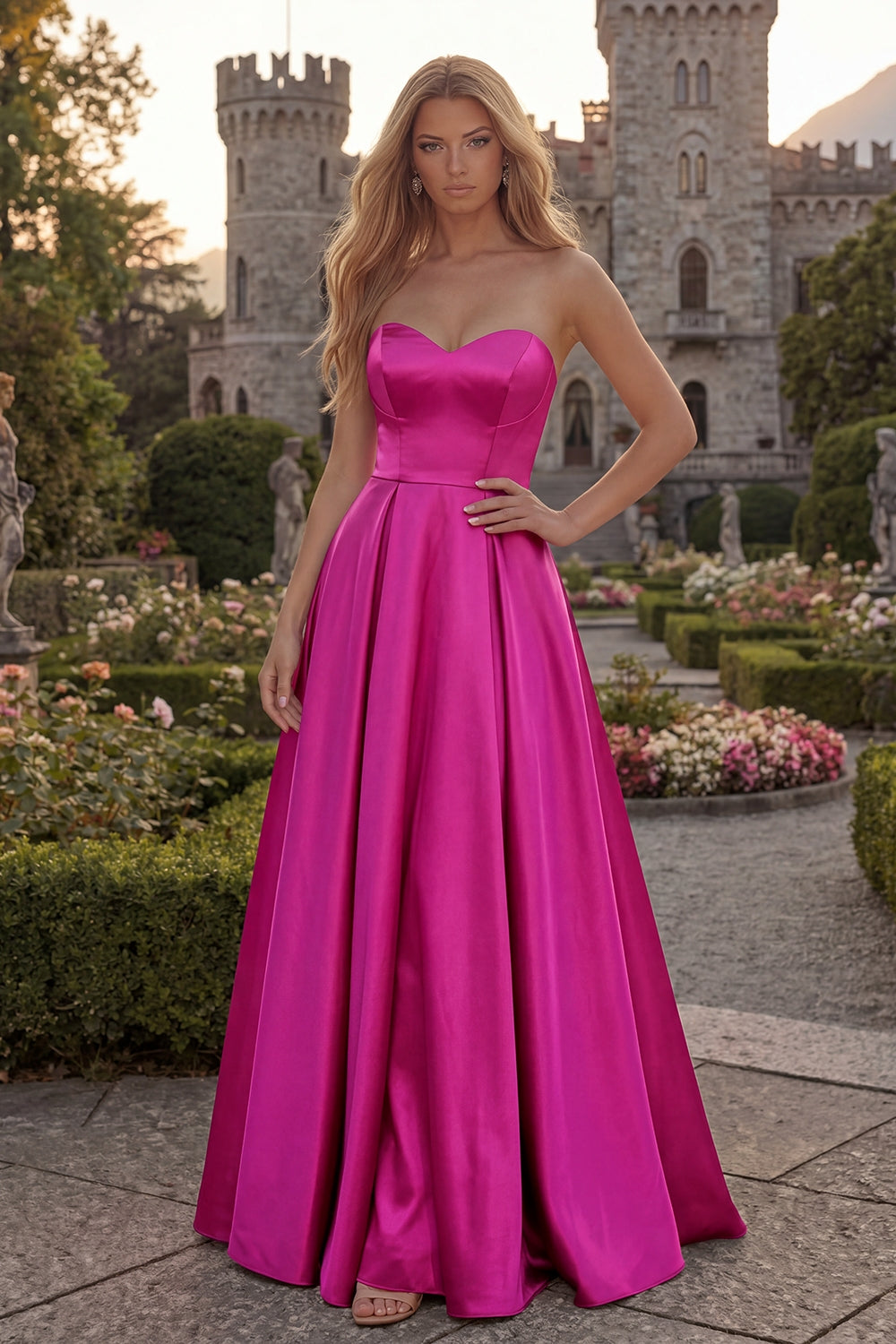 Strapless A Line Satin Fuchsia Maxi Prom Dress