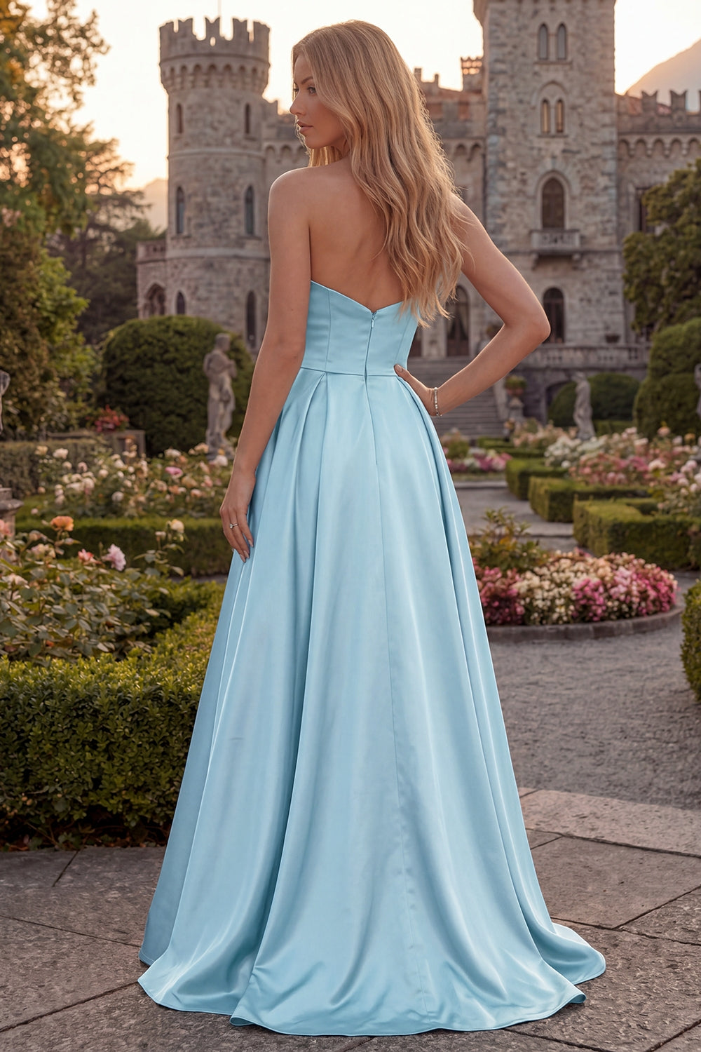 Strapless A Line Satin Fuchsia Maxi Prom Dress - Image 14