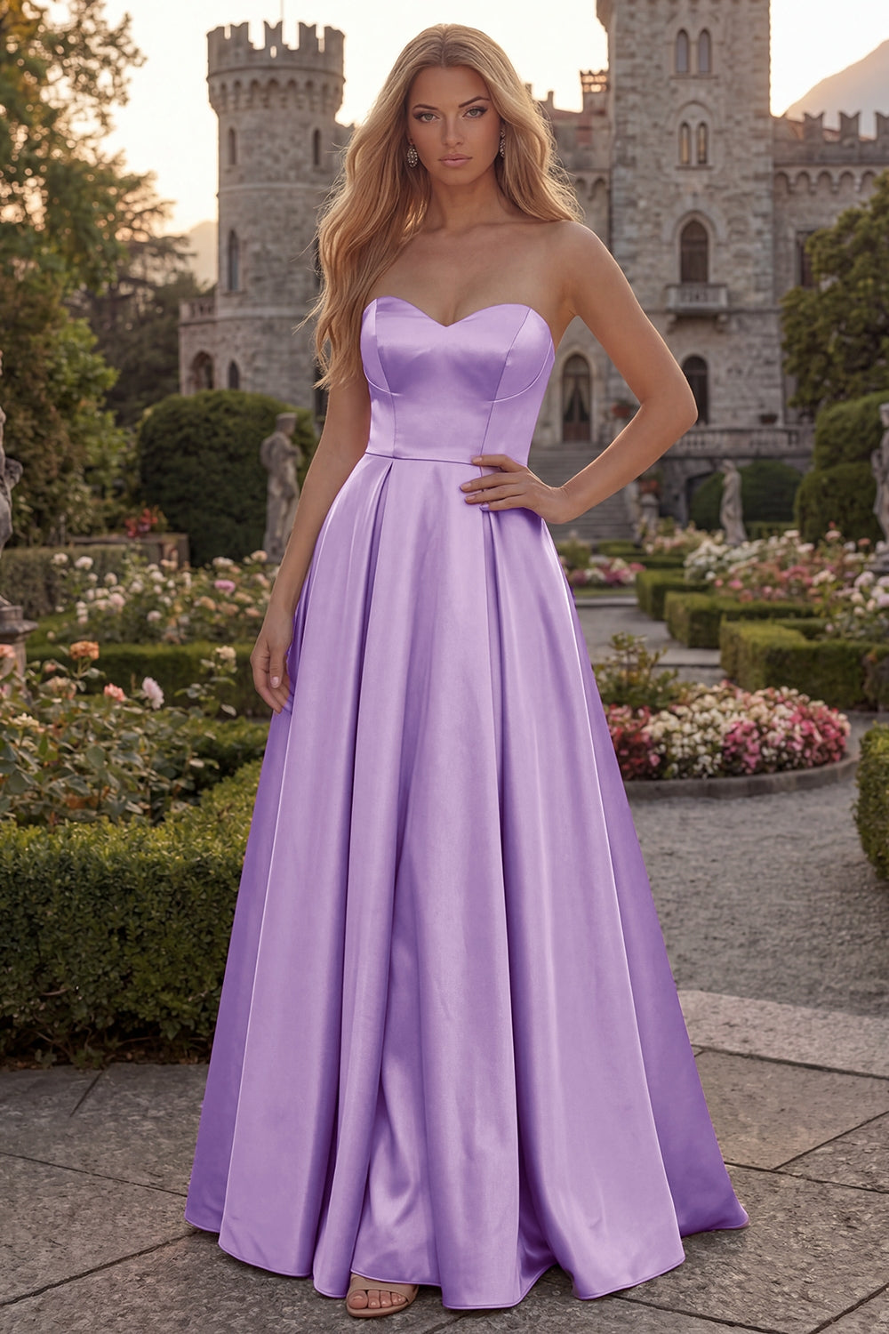 Strapless A Line Satin Fuchsia Maxi Prom Dress - Image 15